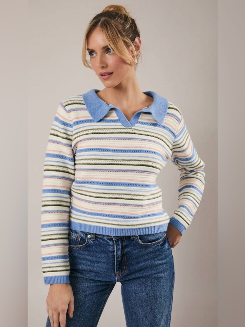 129 Striped Knit Polo Sweater in Pastel Blue